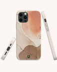 Three views of a smartphone with the Pink and Brown Watercolour Eco-Friendly Phone Case, featuring an abstract design in beige, peach, and brown tones and a small green U logo at the bottom. This stylish and sustainable case offers easy access to phone buttons and camera lenses.