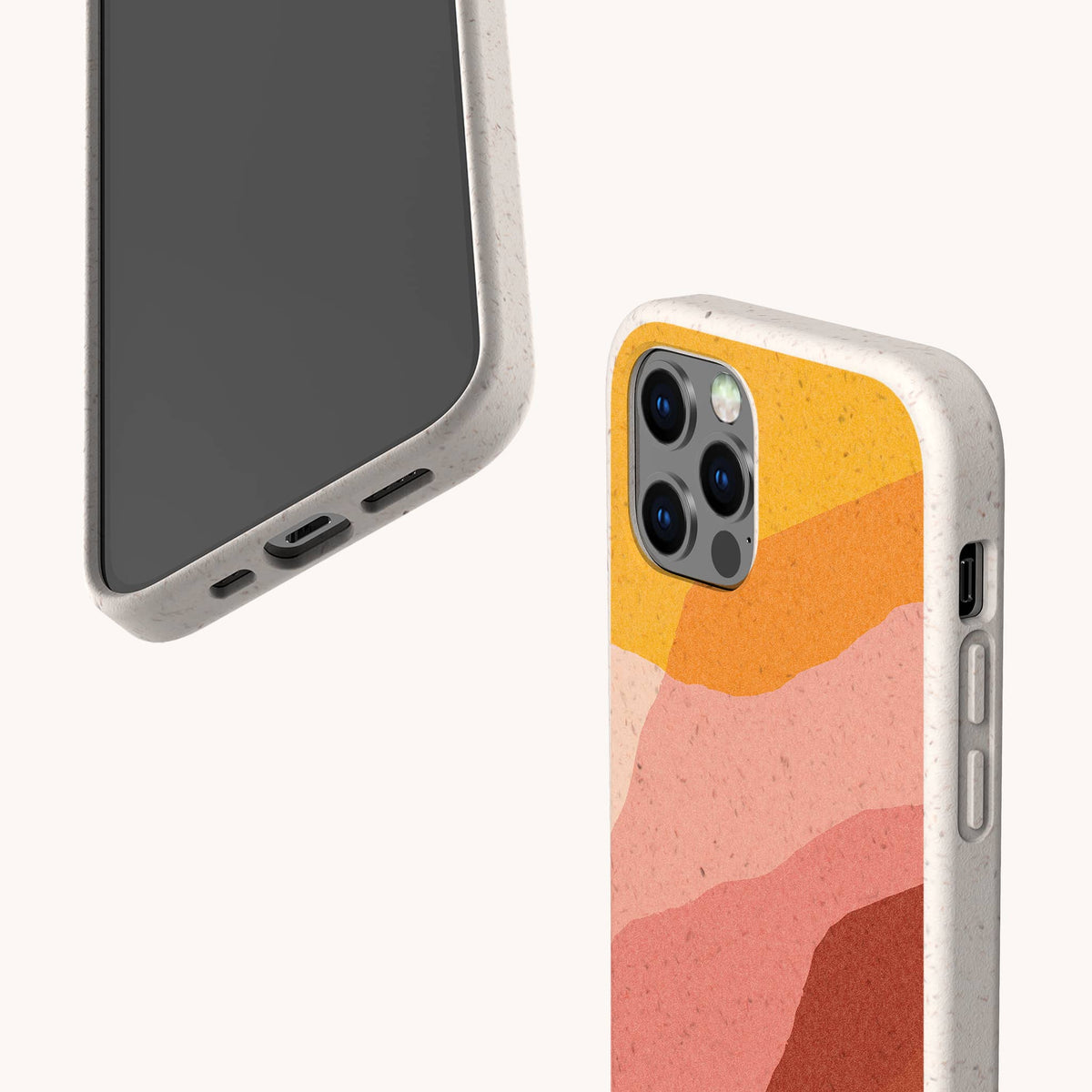 Two Cliffs Eco-Friendly Phone Cases in beige are shown: one displays the screen and ports of a smartphone, while the other reveals the back with a vibrant pink, orange, and yellow abstract wave pattern. These cases are compatible with iPhone and Samsung Galaxy models, providing stylish protection and supporting sustainability.
