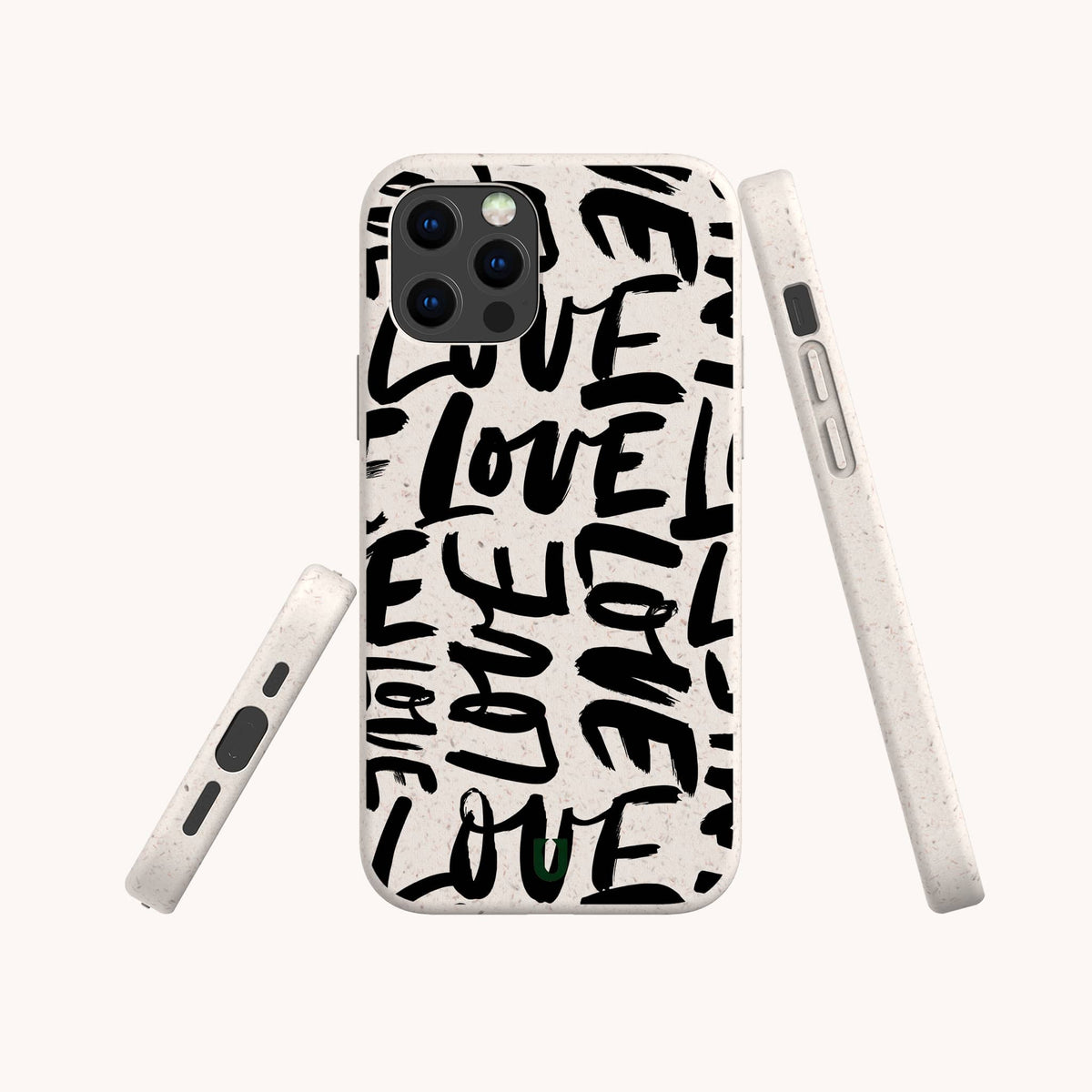 A Love Words Eco-Friendly Biodegradable Phone Case in white, featuring bold black “LOVE” text repeated in various sizes and angles, is displayed from the front, back, and sides against a plain background.