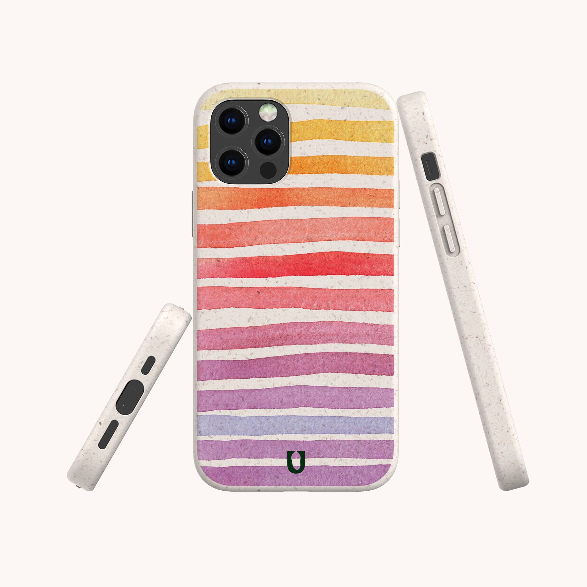 The Summer Rainbow Eco-Friendly Phone Case features uneven horizontal stripes in red, orange, yellow, pink, and purple on a light beige background. Made from compostable materials. Shown from back, side, and bottom; compatible with iPhone and Samsung.