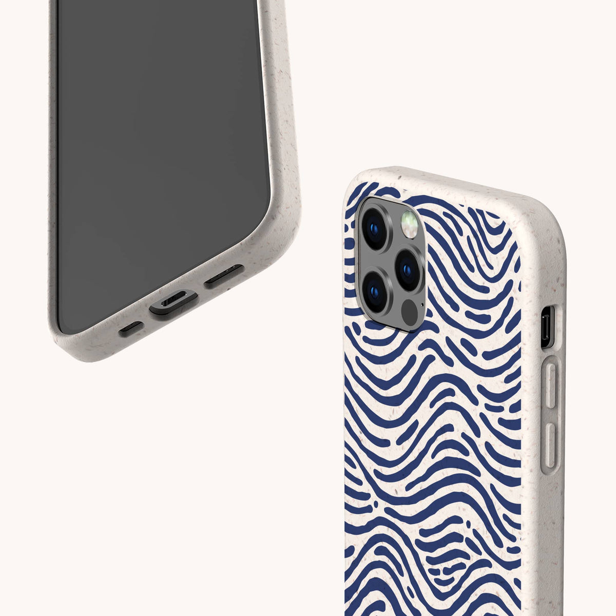 Two smartphones in off-white cases are displayed against a light background; one shows the screen, while the other features the Ocean Waves Eco-Friendly Phone Case design with a blue wavy line pattern on the back. Both cases are eco-friendly and have cutouts for ports, buttons, and cameras.