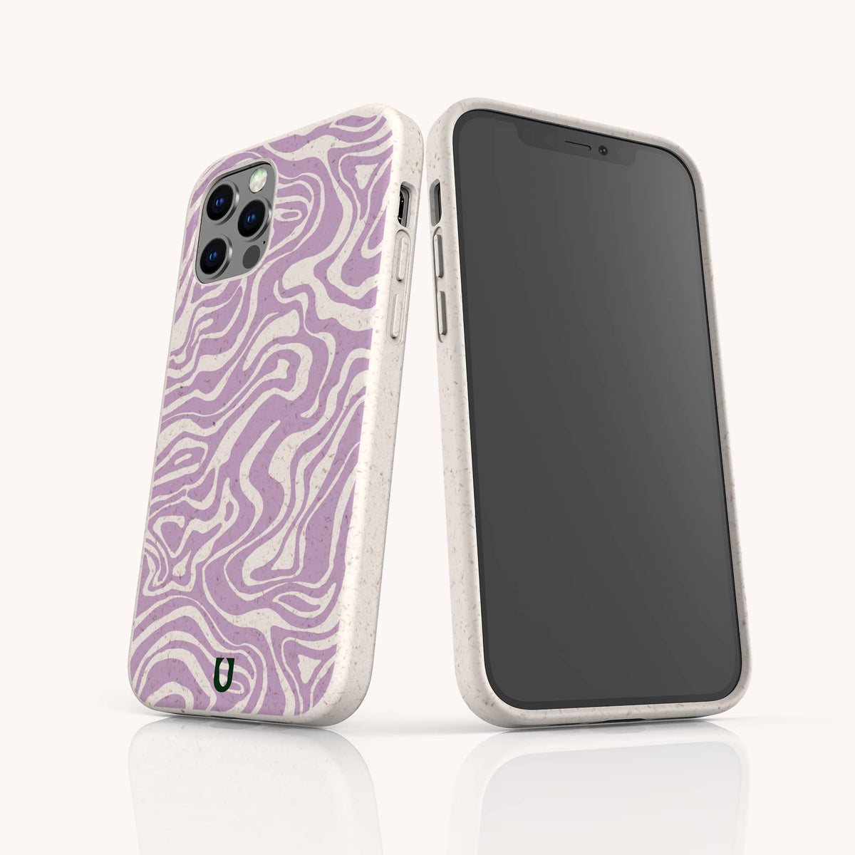 Two smartphones featuring the Purple Marble Swirl Eco-Friendly Phone Case stand upright on a white surface—one facing forward to show the screen, and the other turned to reveal the eye-catching purple marble swirl pattern and camera lenses on its eco-friendly white case.