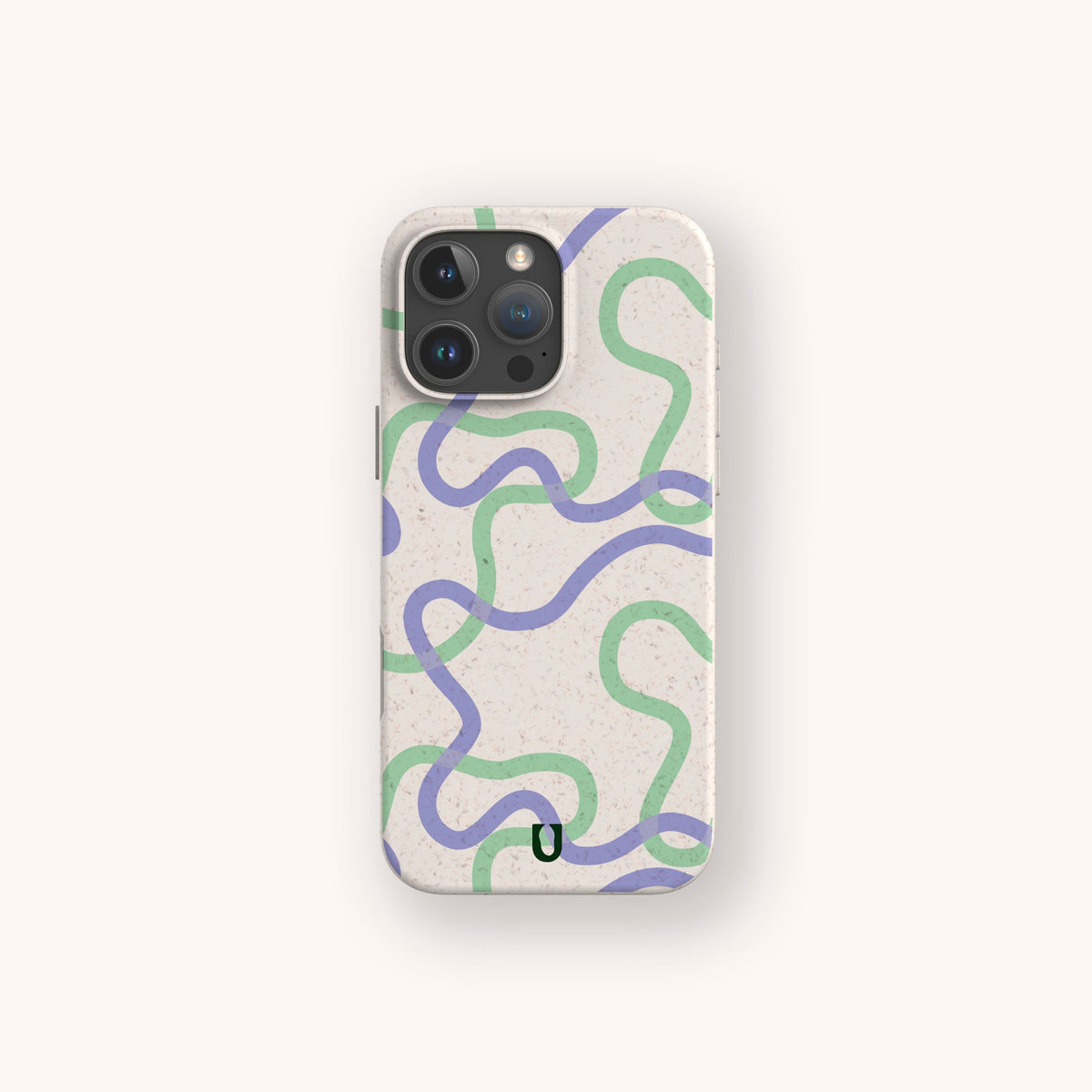 A Purple and Green Swirls Eco-Friendly Biodegradable Phone Case in beige, designed with wavy green and purple lines arranged in an abstract pattern, is displayed on a smartphone against a plain white background.