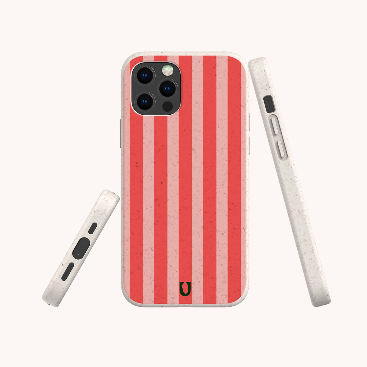 The Red and Pink Stripes Eco-Friendly Phone Case showcases vertical pink and red stripes with white speckled borders and a small black horseshoe logo near the bottom. The phone case is displayed from the back, side, and bottom angles.