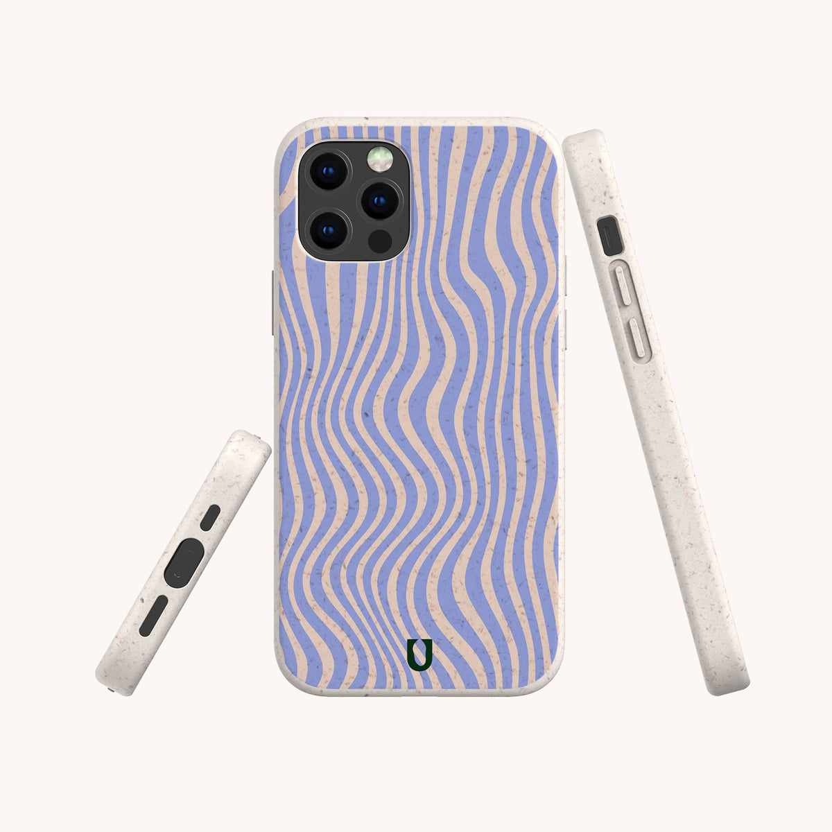 The Blue Distort Lines Eco-Friendly Phone Case features wavy blue and beige lines on the back, a small black logo at the bottom center, precise camera cutouts on the top left, and is compatible with both iPhone and Samsung models for versatile use. Multiple angles are shown to highlight its eco-friendly design.