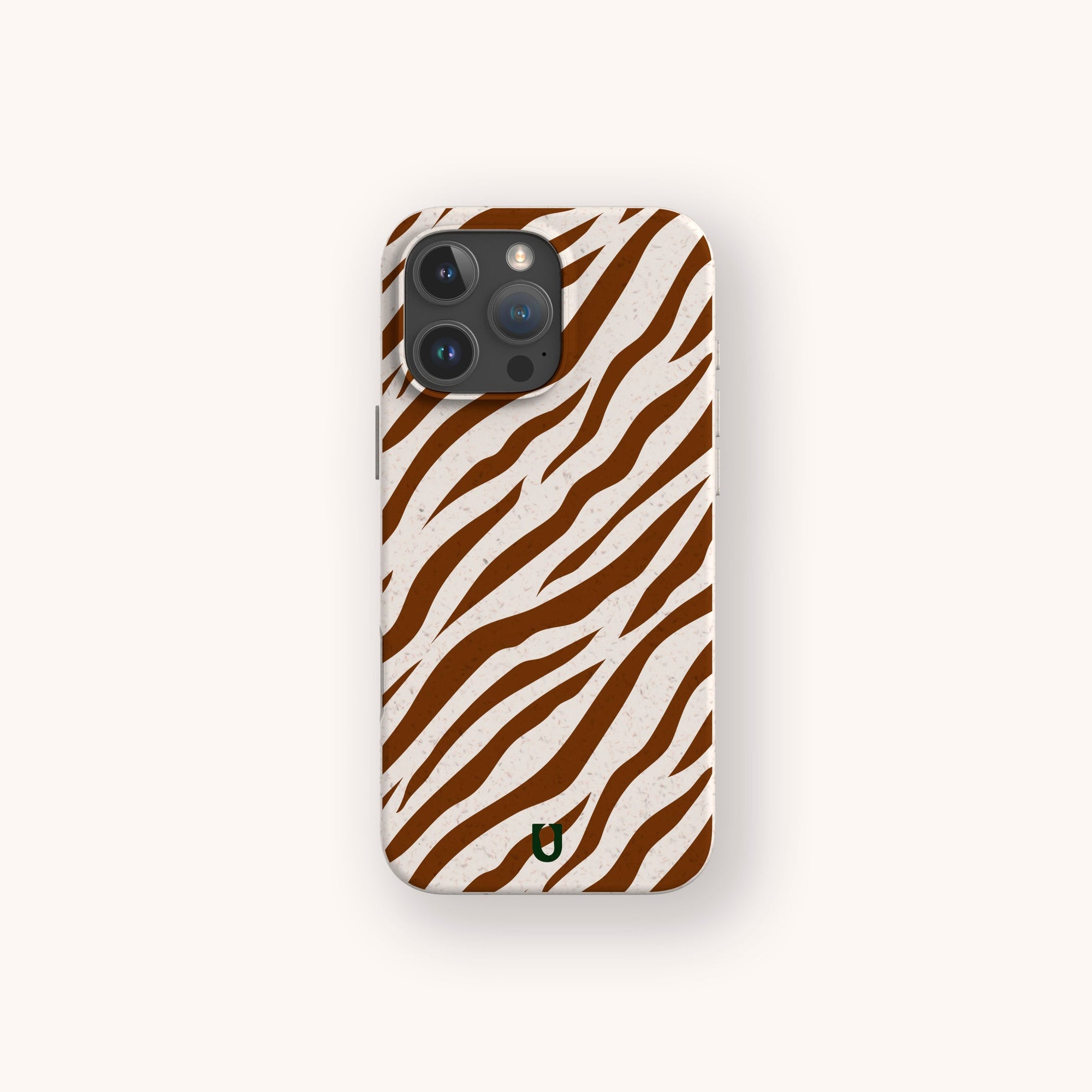The Brown Zebra Eco-Friendly Phone Case, featuring a brown and white zebra stripe pattern, is compatible with iPhone and Samsung Galaxy devices and is shown on a plain light background.