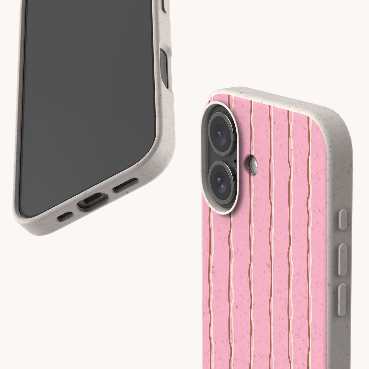 Two views of a Blush Wave Stripe Eco-Friendly Biodegradable Phone Case, featuring a light-colored, speckled design with vertical pink stripes and thin, wavy lines.