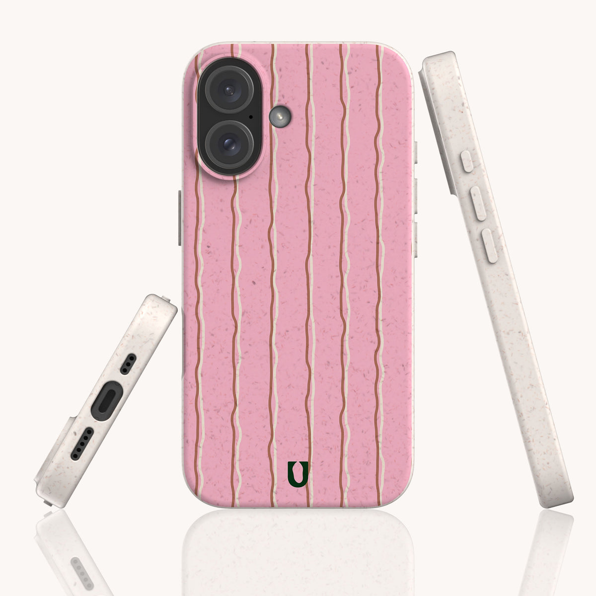 The Blush Wave Stripe Eco-Friendly Biodegradable Phone Case shown from the back and both sides, featuring a pink background with wavy vertical stripes.