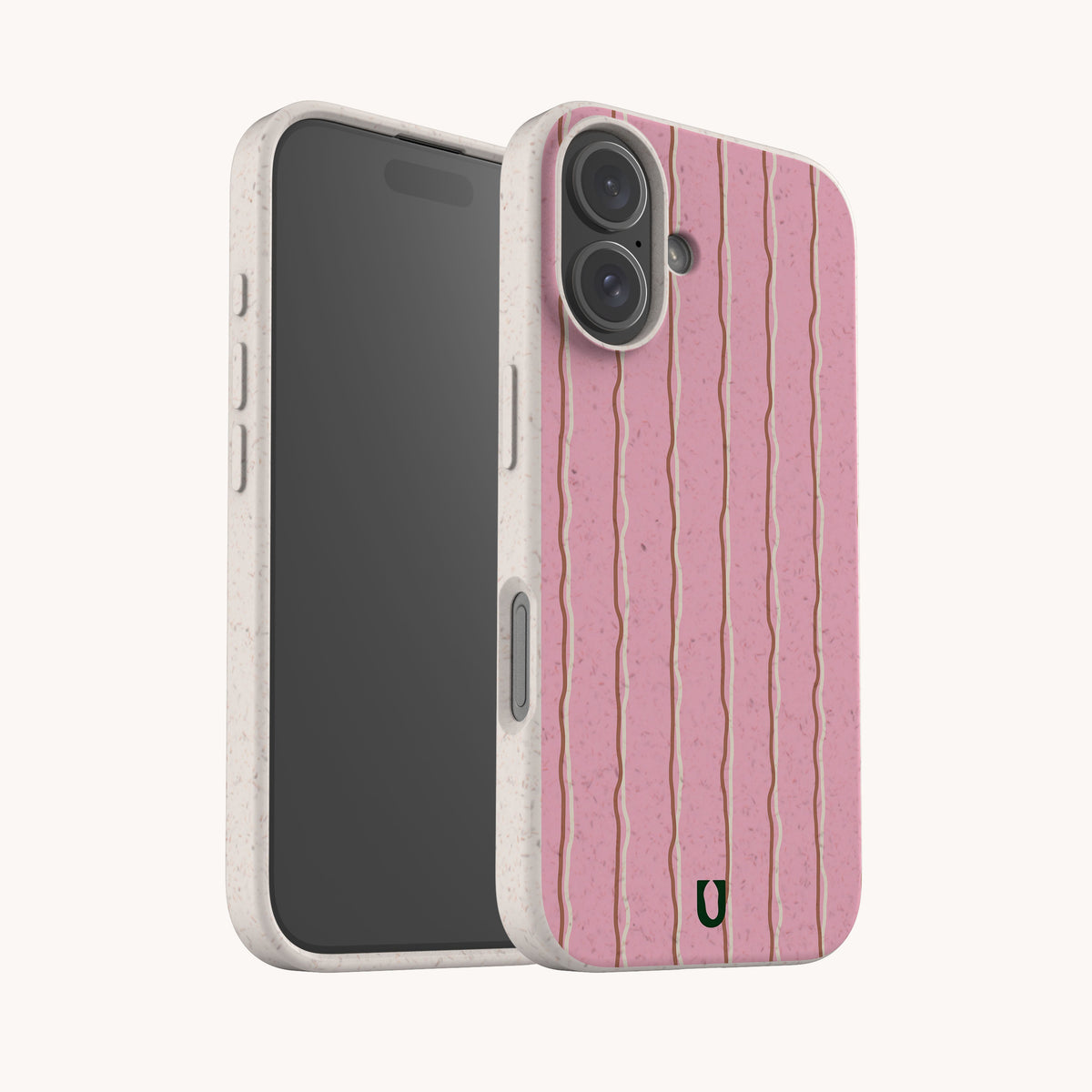 Blush Wave Stripe Eco-Friendly Biodegradable Phone Case with a light-colored, compostable frame and a speckled pink back featuring vertical wavy lines.