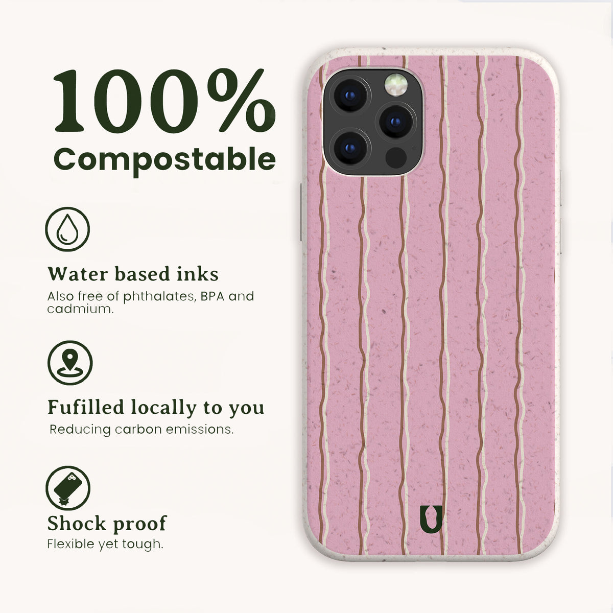 Blush Wave Stripe Eco-Friendly Biodegradable Phone Case with pink and white wavy stripes, shown next to text highlighting its 100% compostable materials, water-based inks, local fulfillment, and shockproof protection.