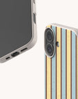 Butter and Sky Stripe Eco-Friendly Biodegradable Phone Case featuring a yellow and blue vertical striped pattern, shown from both the back and the front.
