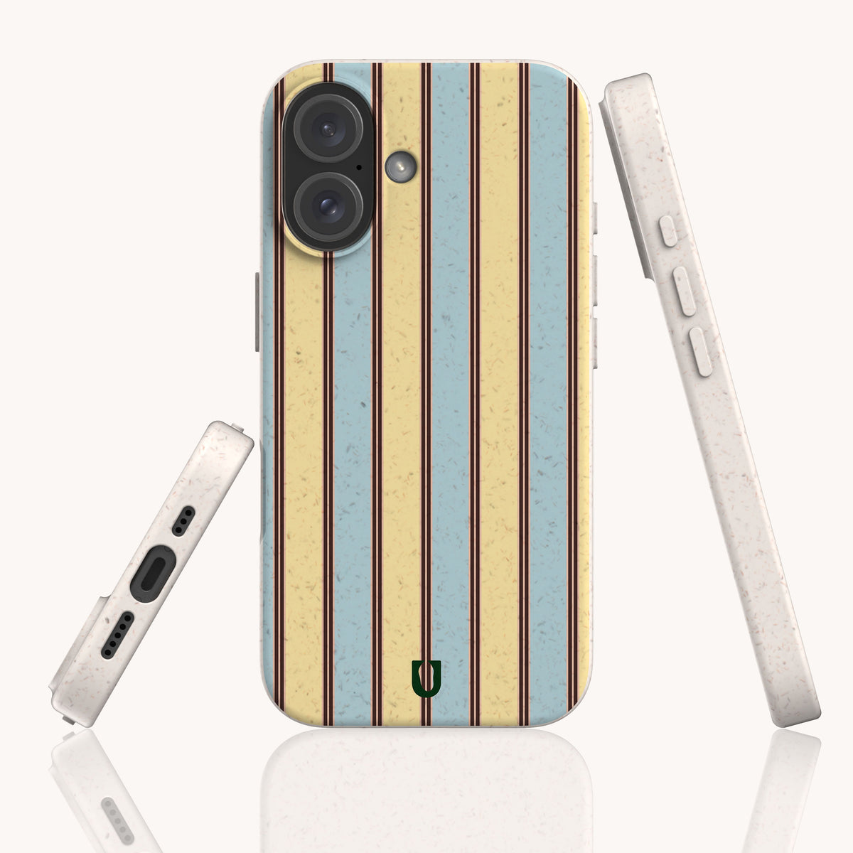 Butter and Sky Stripe Eco-Friendly Biodegradable Phone Case shown from back and side angles with yellow and blue vertical stripes.