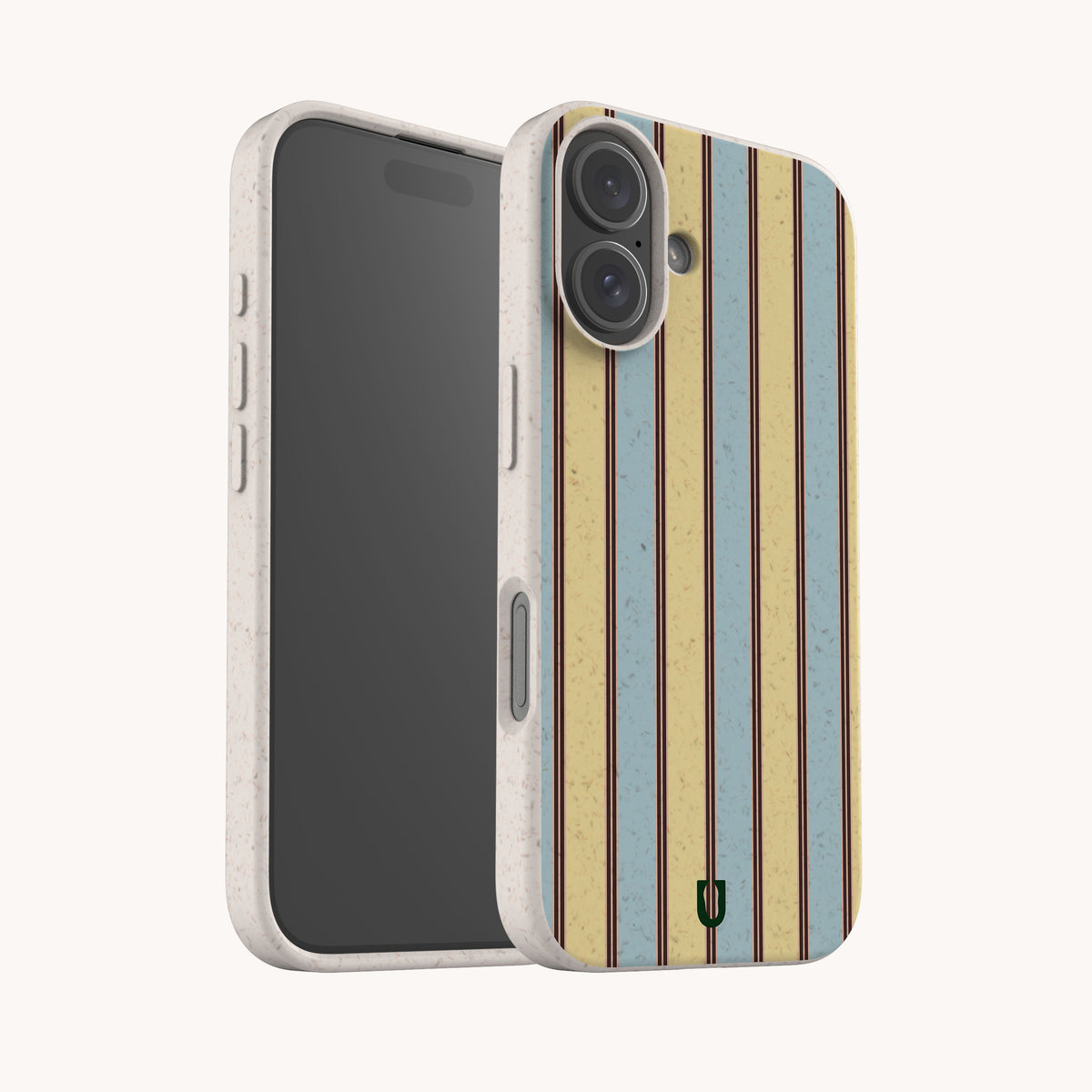 Butter and Sky Stripe Eco-Friendly Biodegradable Phone Case with a yellow, blue, and brown vertical striped pattern and a speckled, off-white frame.