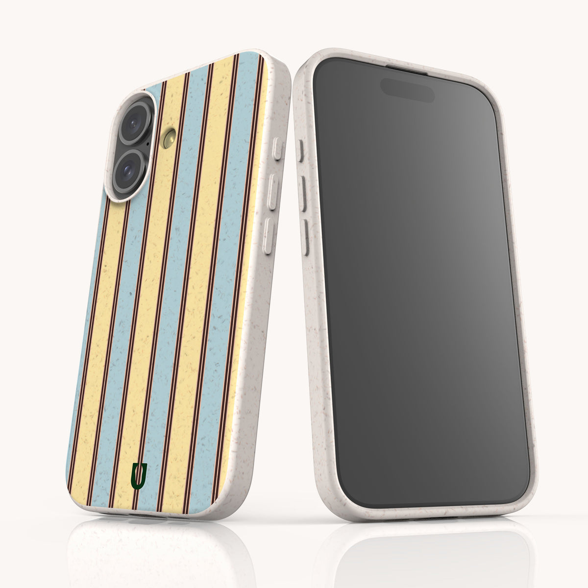 Two Butter and Sky Stripe Eco-Friendly Biodegradable Phone Cases with speckled, off-white frames; one shows a blue and yellow vertical striped pattern, and the other shows a blank dark screen.