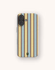 Butter and Sky Stripe Eco-Friendly Biodegradable Phone Case with a pattern of vertical yellow and light blue stripes separated by thin brown lines.