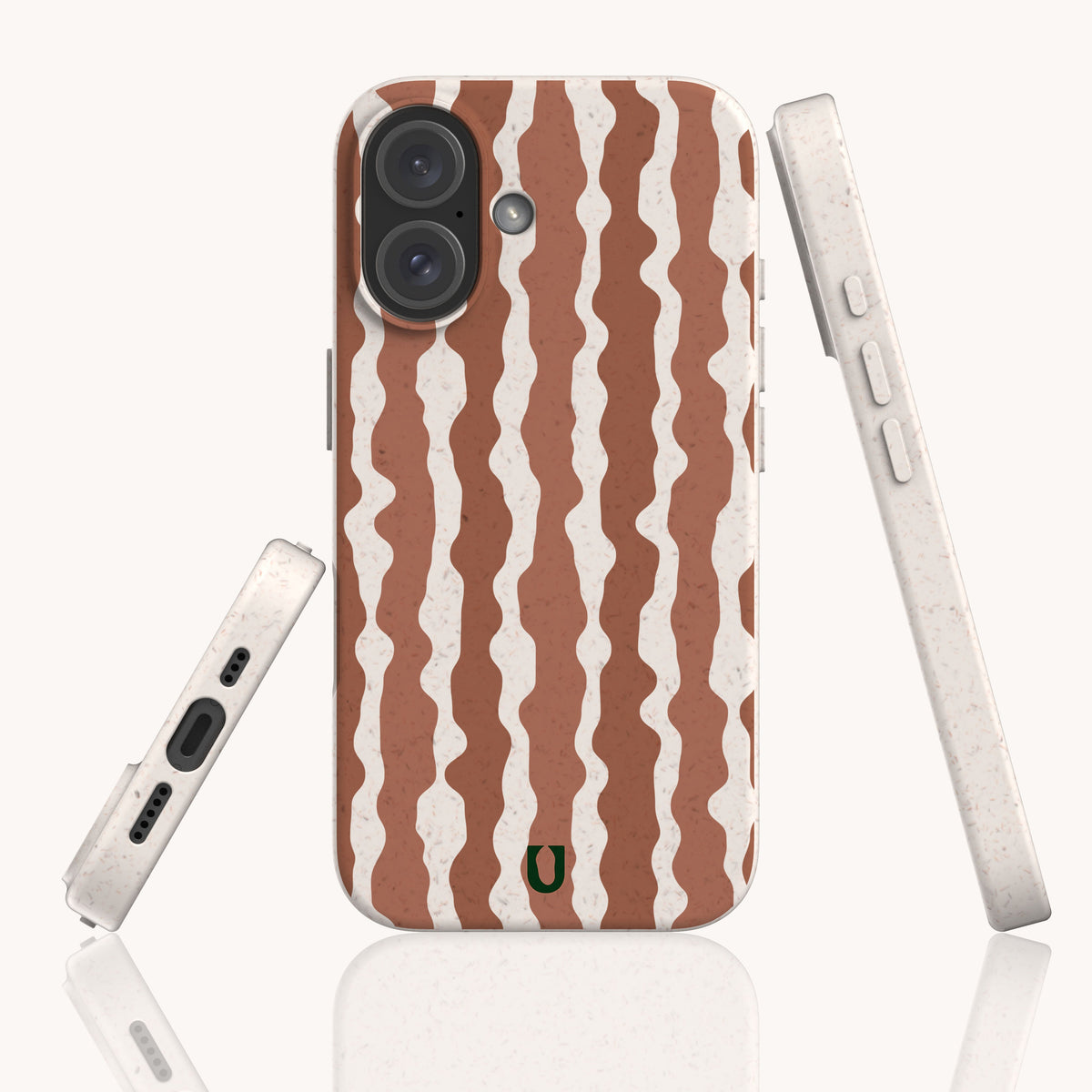 Three views of a speckled, off-white Cocoa Wave Stripe Eco-Friendly Biodegradable Phone Case featuring a brown vertical wavy stripe pattern.