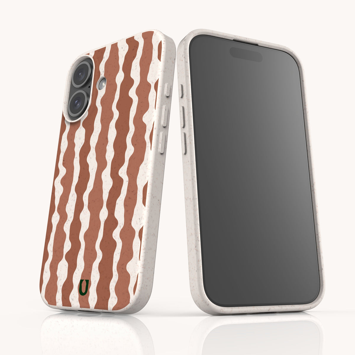 Two Cocoa Wave Stripe Eco-Friendly Biodegradable Phone Cases, one showing the back with a brown and white wavy stripe pattern and the other showing the empty front screen.