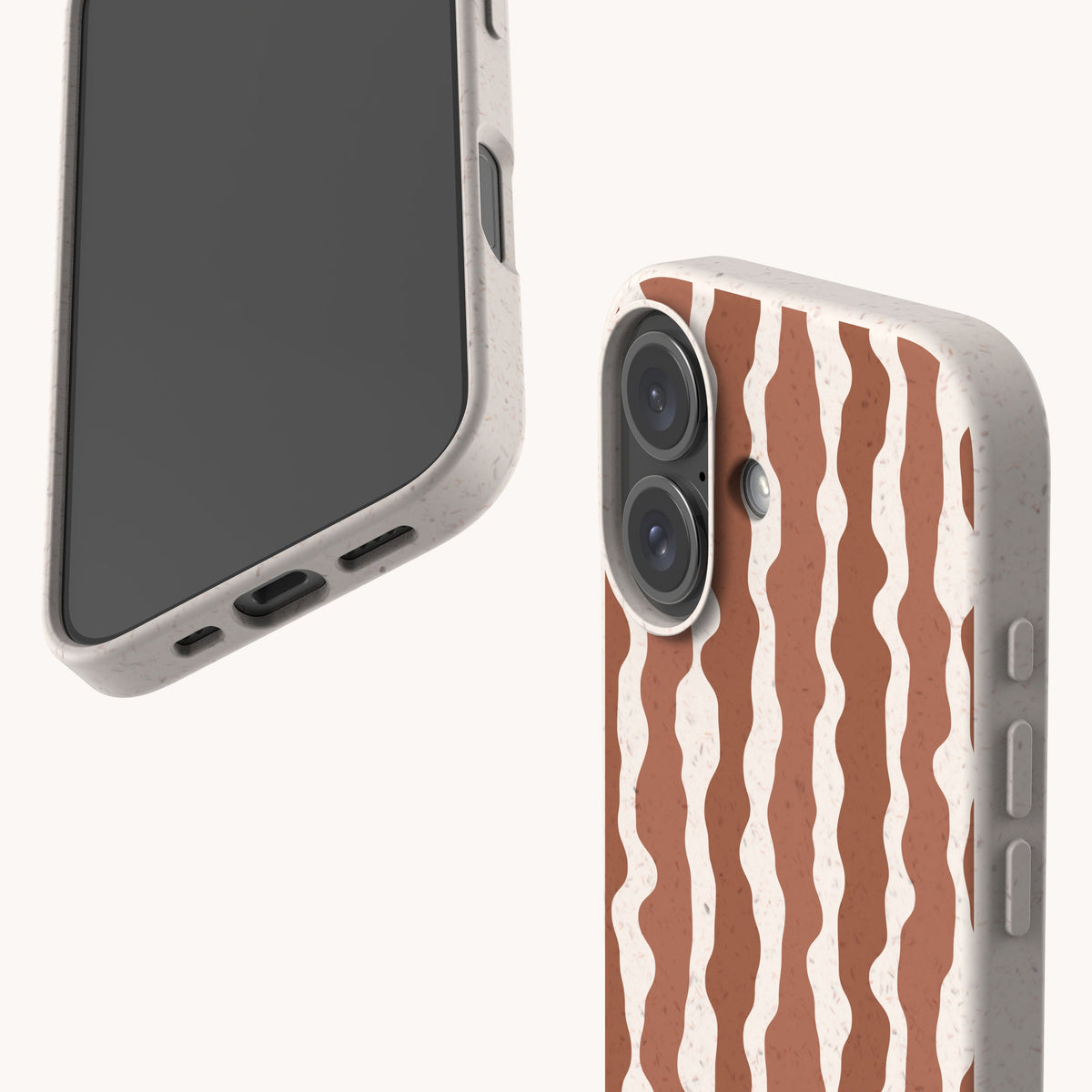 Front and back views of a Cocoa Wave Stripe Eco-Friendly Biodegradable Phone Case with a speckled finish and a vertical wavy brown and white striped pattern.