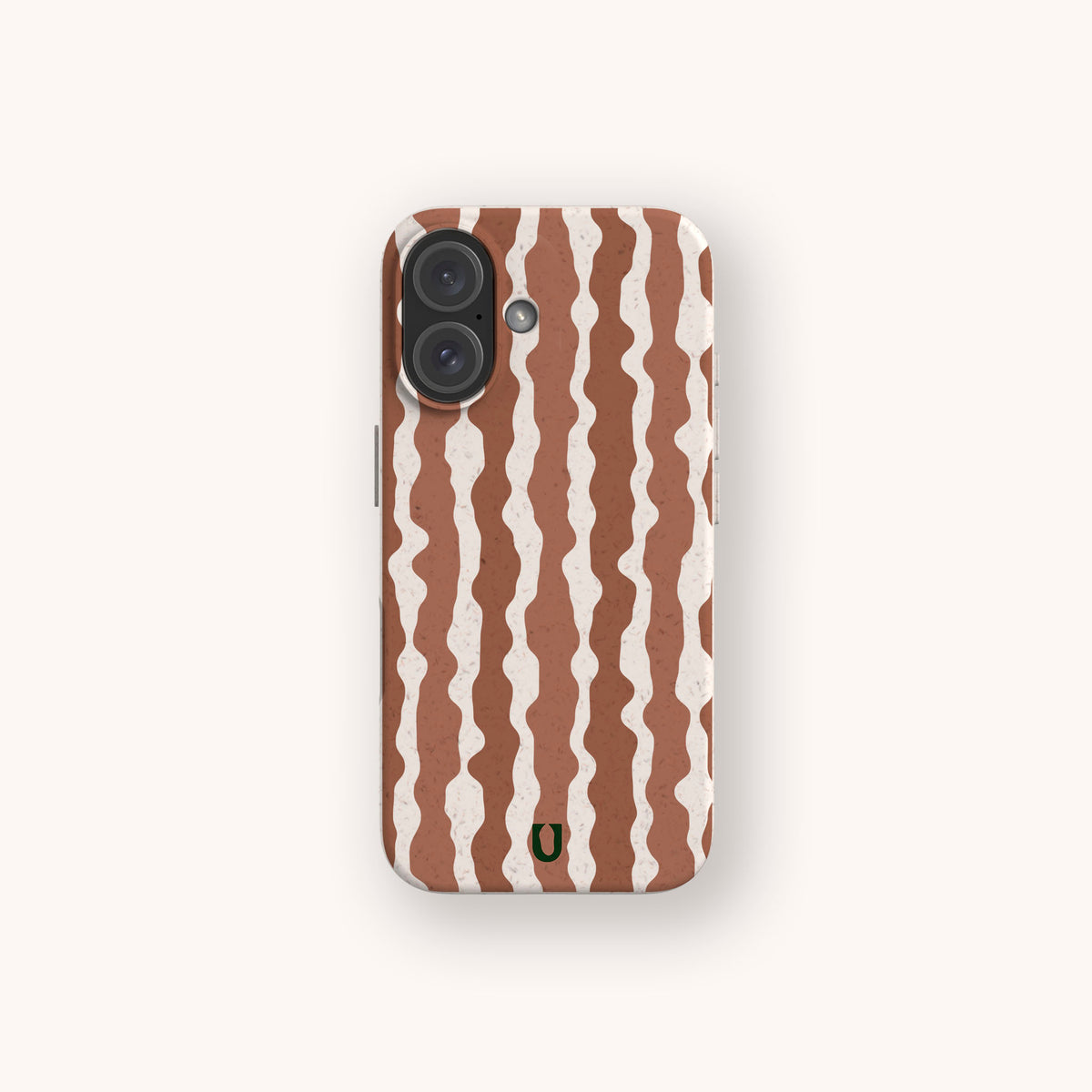 Cocoa Wave Stripe Eco-Friendly Biodegradable Phone Case with a pattern of vertical, wavy brown and cream stripes and a small U-shaped logo at the bottom.