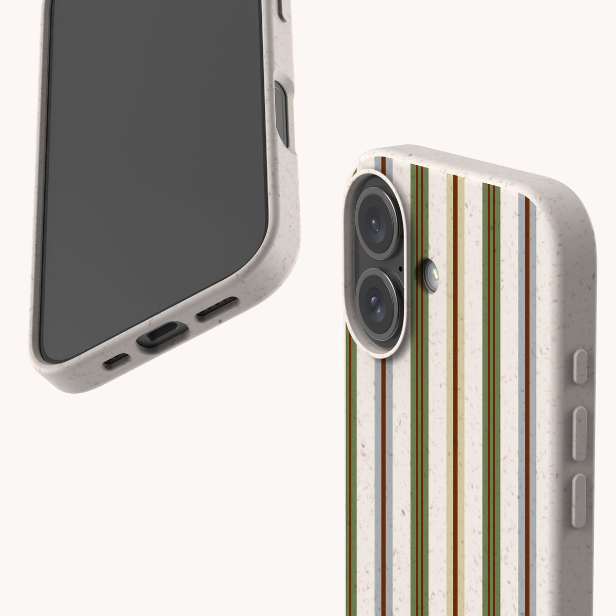 Two views of a Heritage Multistripe Eco-Friendly Biodegradable Phone Case made of bamboo fibre, featuring a speckled, off-white base with vertical stripes in green, brown, and grey.