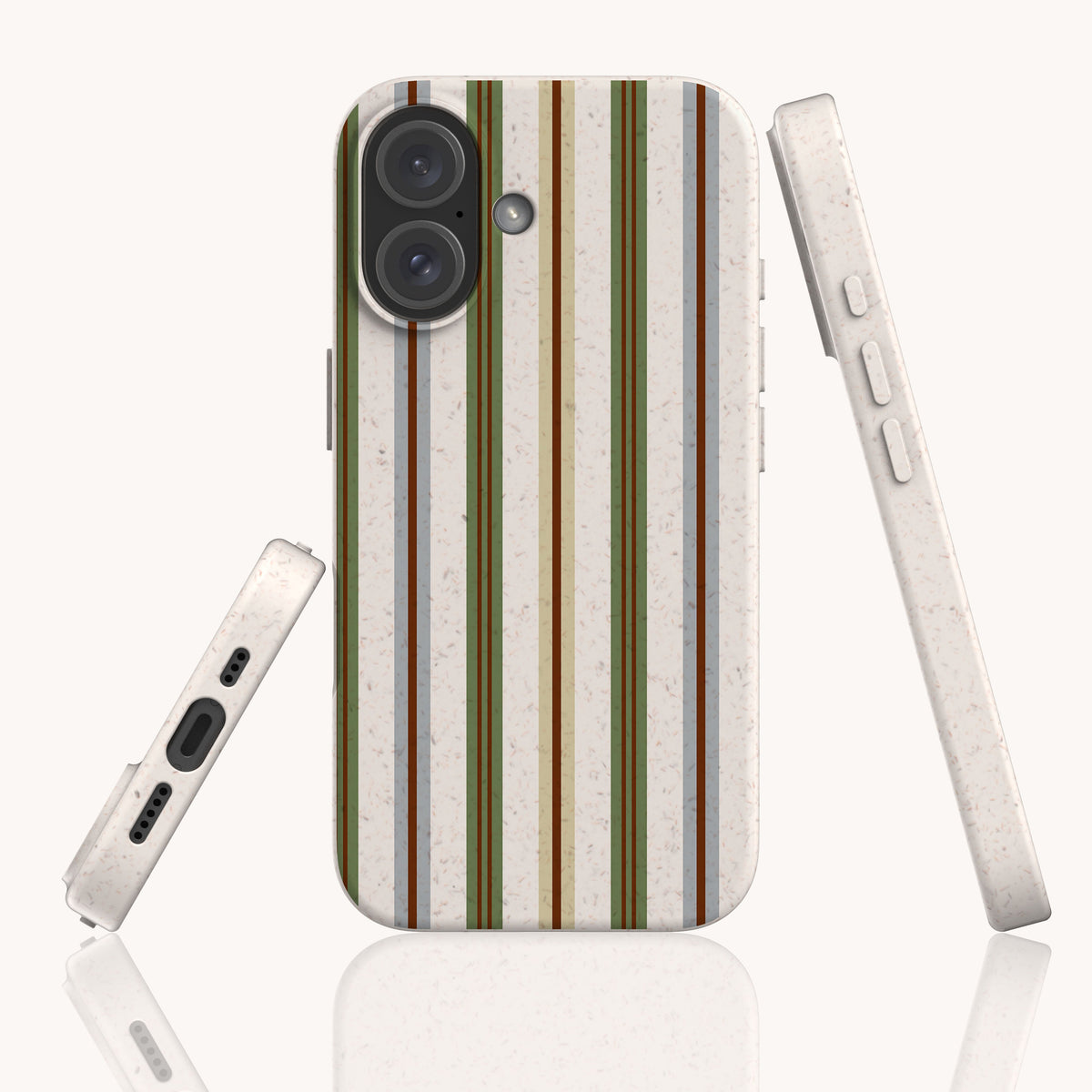 Three views of the Heritage Multistripe Eco-Friendly Biodegradable Phone Case, featuring a speckled, off-white compostable design with a vertical multi-colored stripe pattern.