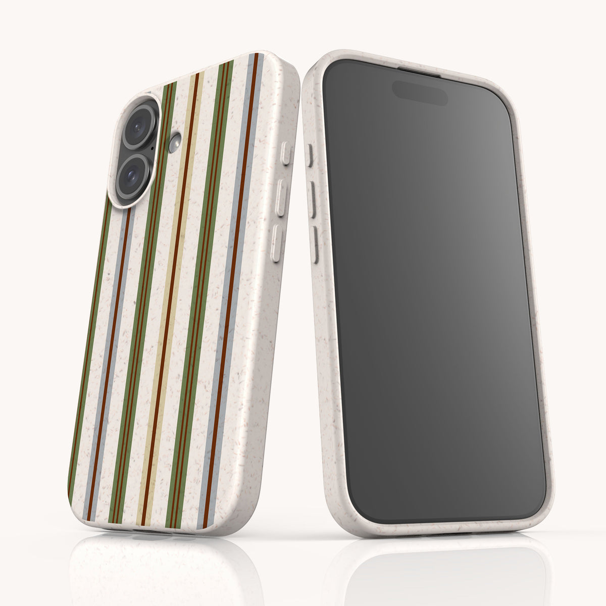 Two views of a speckled, off-white Heritage Multistripe Eco-Friendly Biodegradable Phone Case featuring vertical brown, green, and gray stripes.
