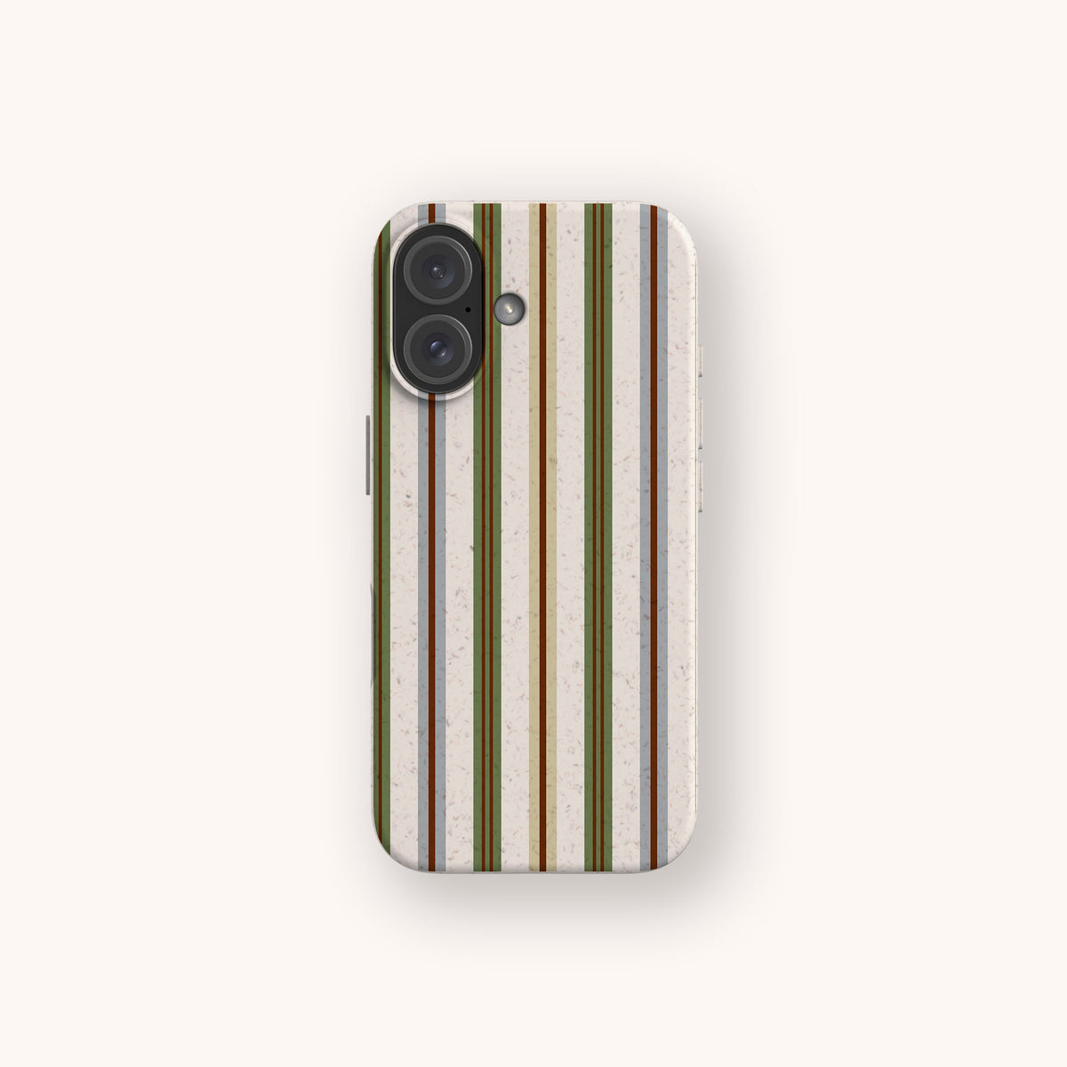 Heritage Multistripe Eco-Friendly Biodegradable Phone Case with a speckled cream background and vertical green, brown, and blue stripes.