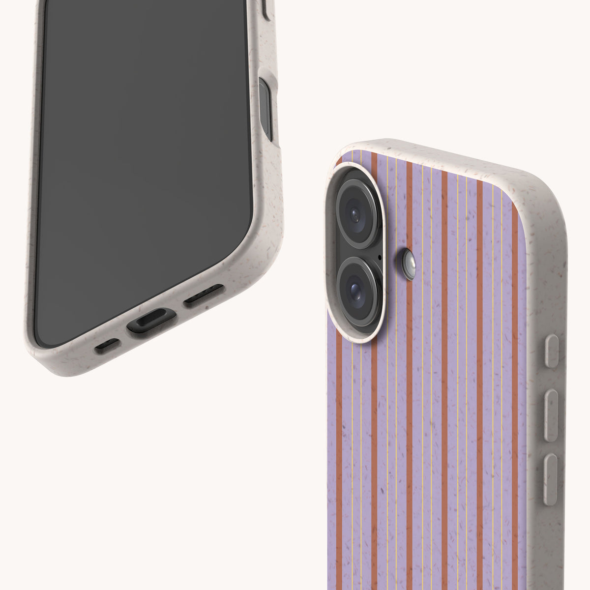 Two Lavender Pinstripe Eco-Friendly Biodegradable Phone Cases: one shown from the back with a lavender and orange pinstripe pattern, and one shown from the front with a light, bamboo fibre speckled texture.