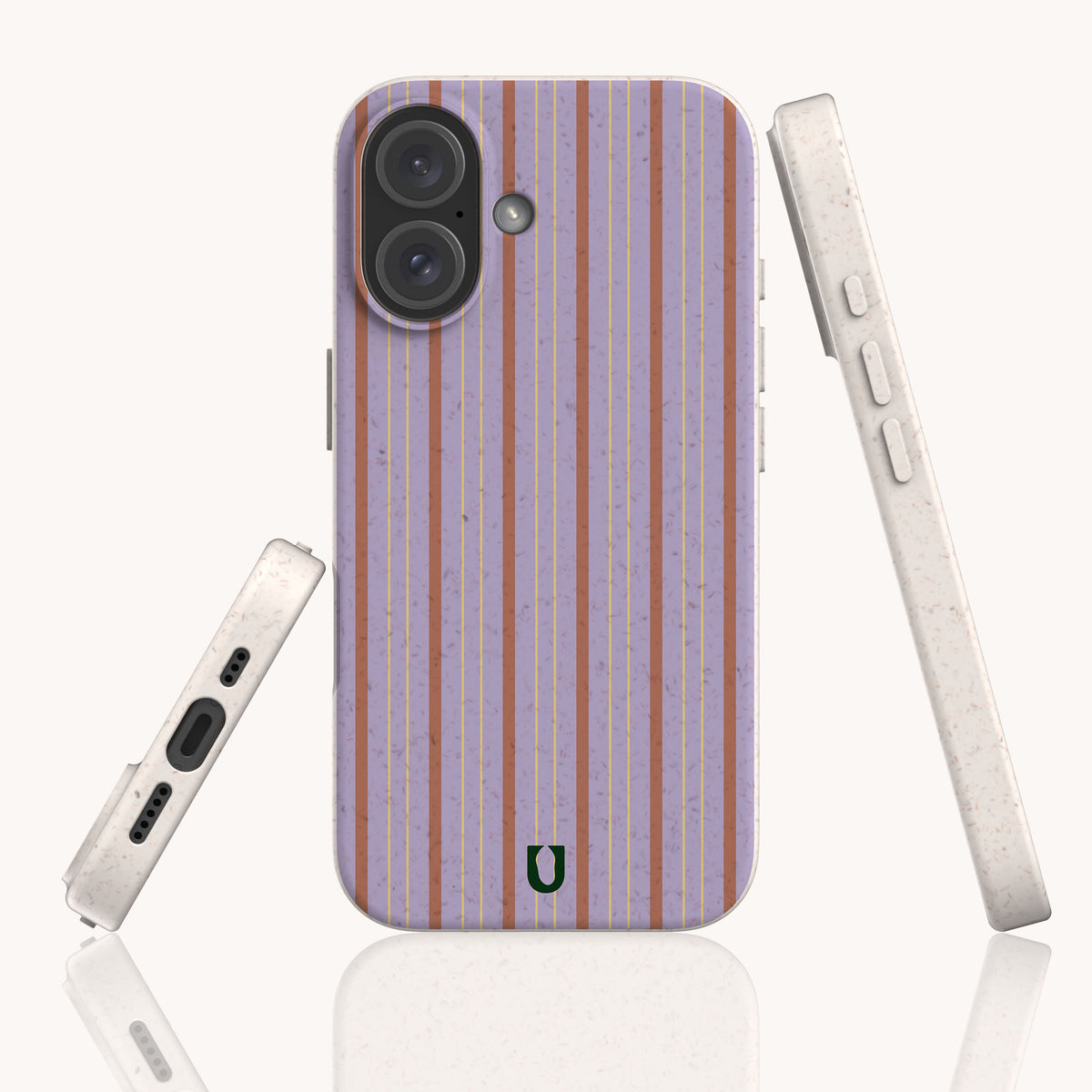 Three views of a Lavender Pinstripe Eco-Friendly Biodegradable Phone Case in lavender, featuring vertical orange and gold pinstripes and a speckled, textured finish.