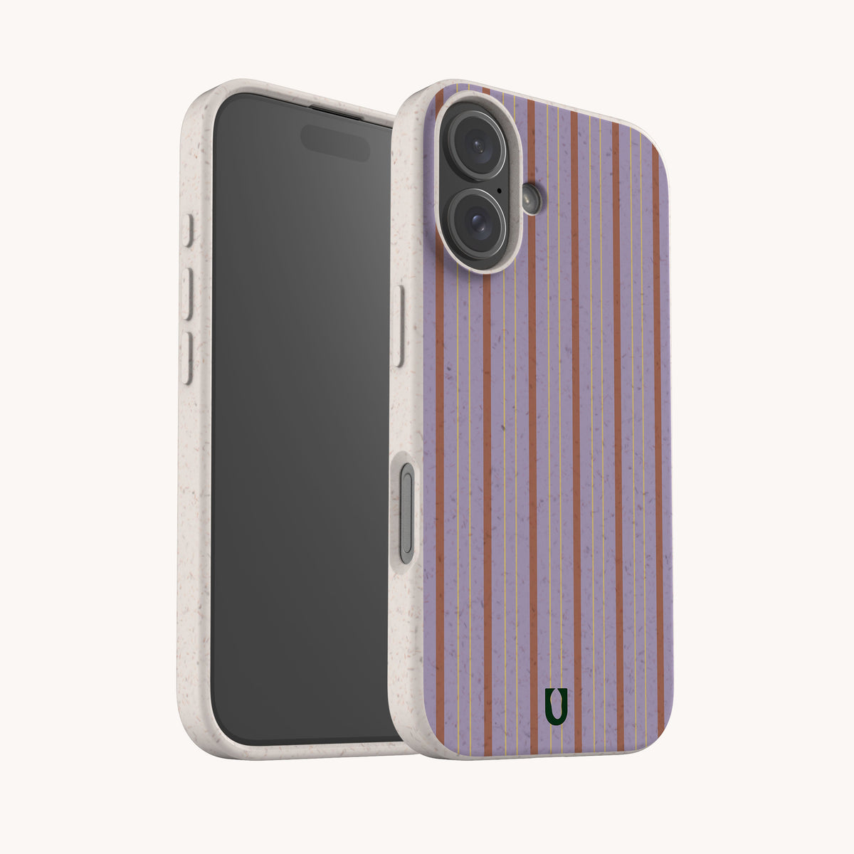 Lavender Pinstripe Eco-Friendly Biodegradable Phone Case in speckled off-white with a lavender back featuring thin vertical orange stripes.