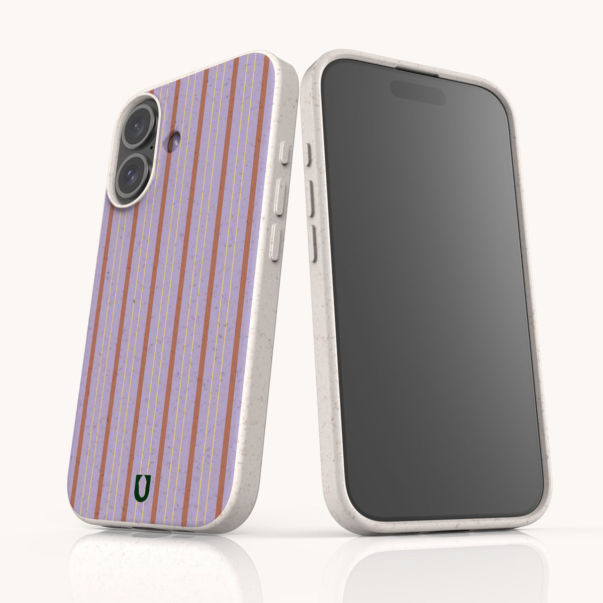 Two Lavender Pinstripe Eco-Friendly Biodegradable Phone Cases shown from front and back, featuring a light purple background with vertical orange and gold pinstripes and a speckled, light-colored frame.