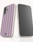 Two Lavender Pinstripe Eco-Friendly Biodegradable Phone Cases shown from front and back, featuring a light purple background with vertical orange and gold pinstripes and a speckled, light-colored frame.