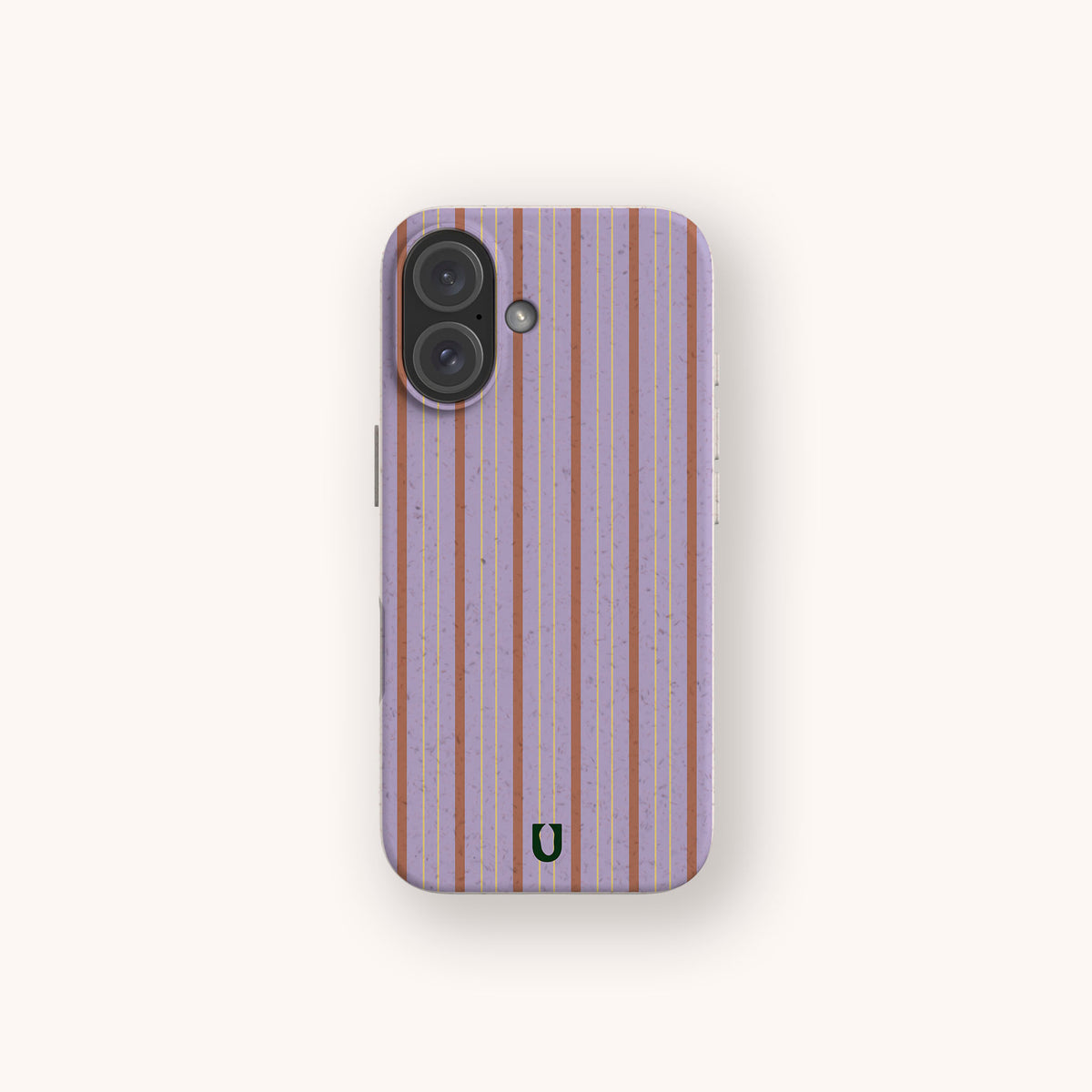Lavender Pinstripe Eco-Friendly Biodegradable Phone Case in lavender with vertical brown and yellow pinstripes and a speckled bamboo fibre texture.