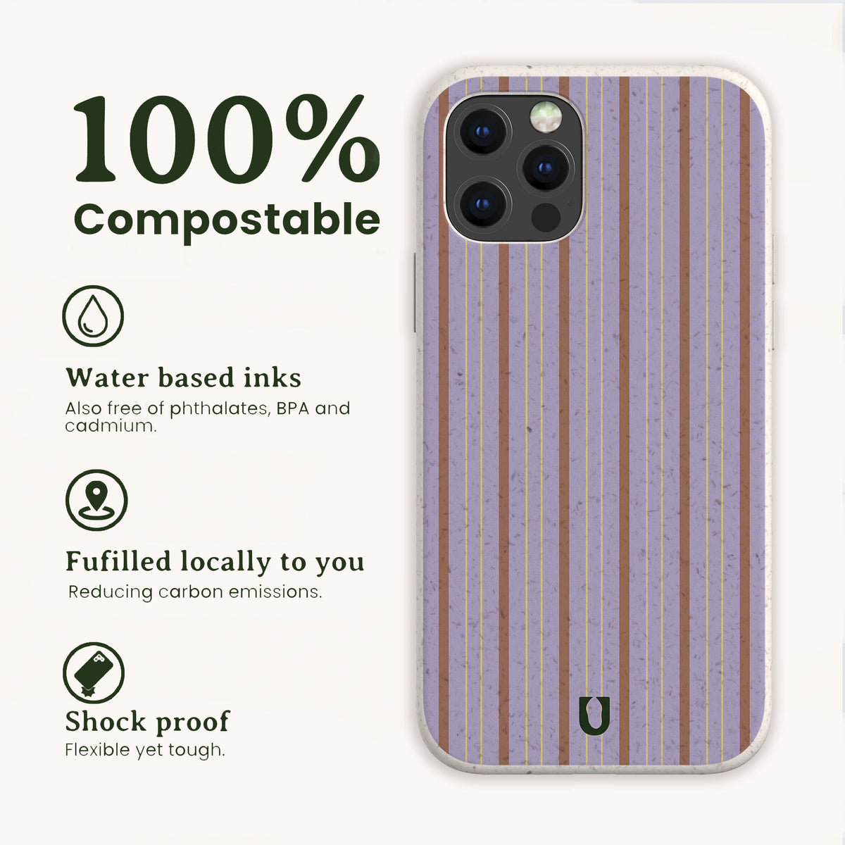 Lavender Pinstripe Eco-Friendly Biodegradable Phone Case in purple with pinstripes, featuring text highlighting its water-based inks, local fulfillment, and shock-proof bamboo fibre design.