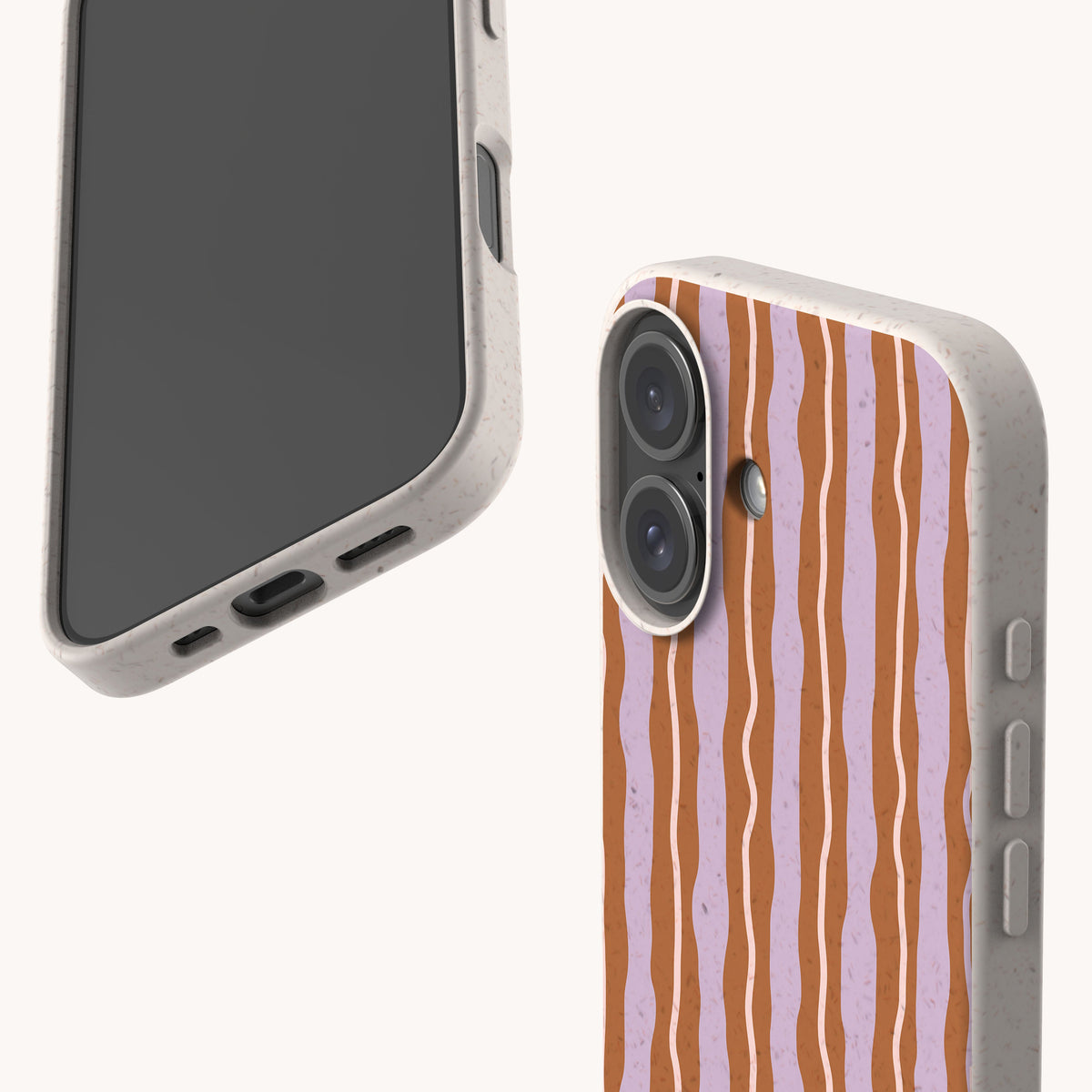 Two Lilac Caramel Wave Eco-Friendly Biodegradable Phone Cases with a textured, speckled finish, featuring a wavy vertical stripe pattern in lilac and caramel.
