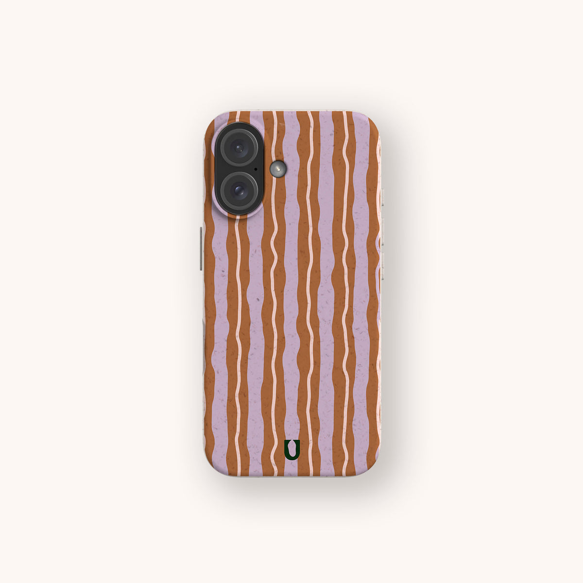 Lilac Caramel Wave Eco-Friendly Biodegradable Phone Case featuring a pattern of wavy, alternating lilac and brown vertical stripes.