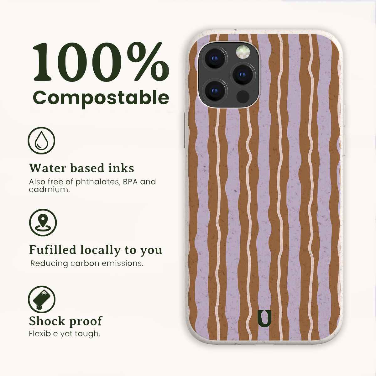 The Lilac Caramel Wave Eco-Friendly Biodegradable Phone Case features a vertical brown and lilac wavy stripe pattern, with text highlighting its water-based inks, local fulfillment, and shockproof design.