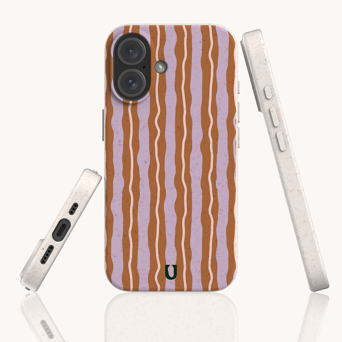 Back and side views of the Lilac Caramel Wave Eco-Friendly Biodegradable Phone Case, featuring a pattern of vertical, wavy lilac and caramel stripes.