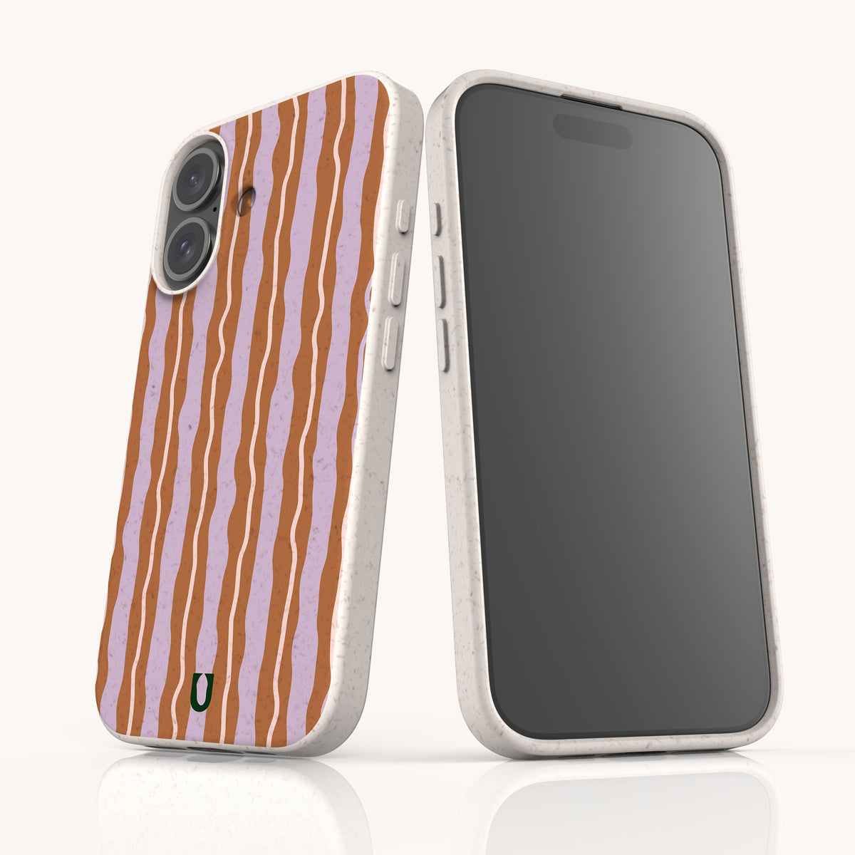 Two views of the Lilac Caramel Wave Eco-Friendly Biodegradable Phone Case, featuring a speckled, off-white frame and a back with wavy vertical stripes in lilac and caramel.
