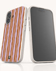 Two views of the Lilac Caramel Wave Eco-Friendly Biodegradable Phone Case, featuring a speckled, off-white frame and a back with wavy vertical stripes in lilac and caramel.