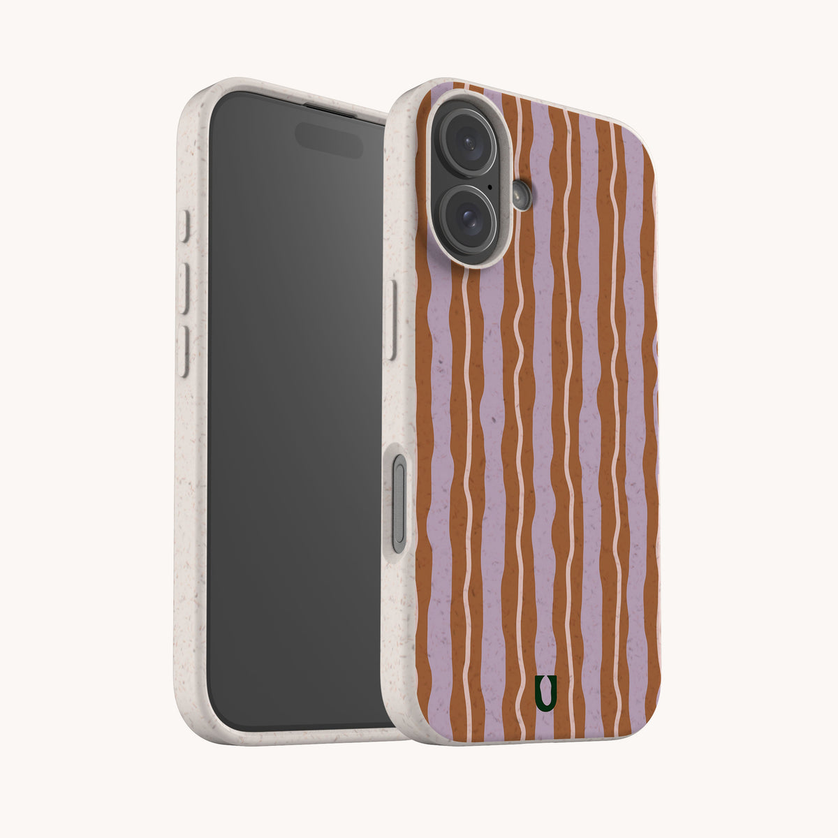 Lilac Caramel Wave Eco-Friendly Biodegradable Phone Case with a speckled off-white border and a wavy brown and light purple vertical stripe pattern on the back.