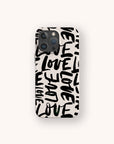 Love Words biodegradable phone case on iPhone 17 featuring minimalist handwritten text and matte eco-friendly finish.