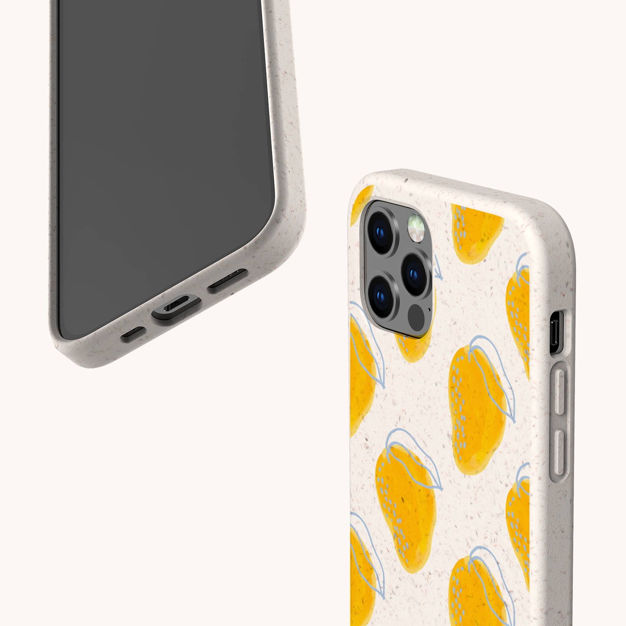 Mangoes biodegradable phone case displayed on Samsung Galaxy S24 with colourful fruit pattern and sustainable matte surface.
