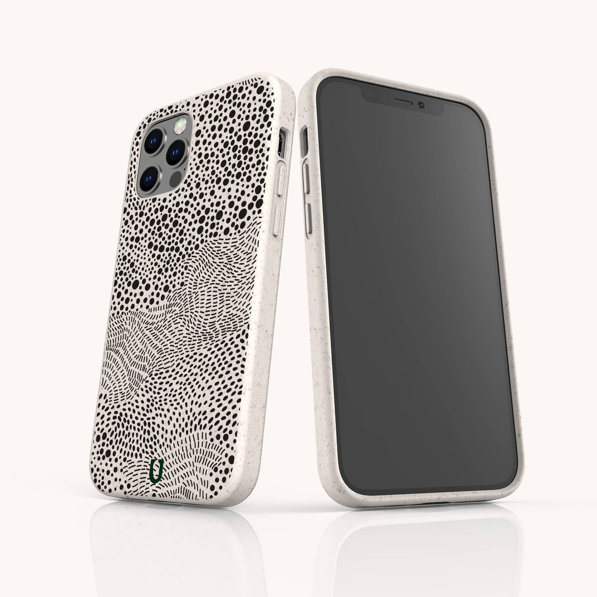 Mini Strokes compostable phone case on iPhone 14 highlighting fine artistic linework and eco-conscious texture.
