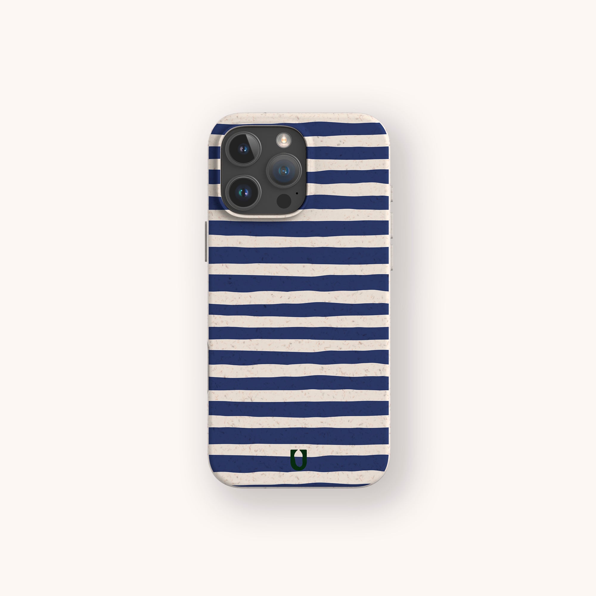 Navy Stripes biodegradable phone case on iPhone 17 featuring classic navy stripe pattern and matte eco-friendly finish.