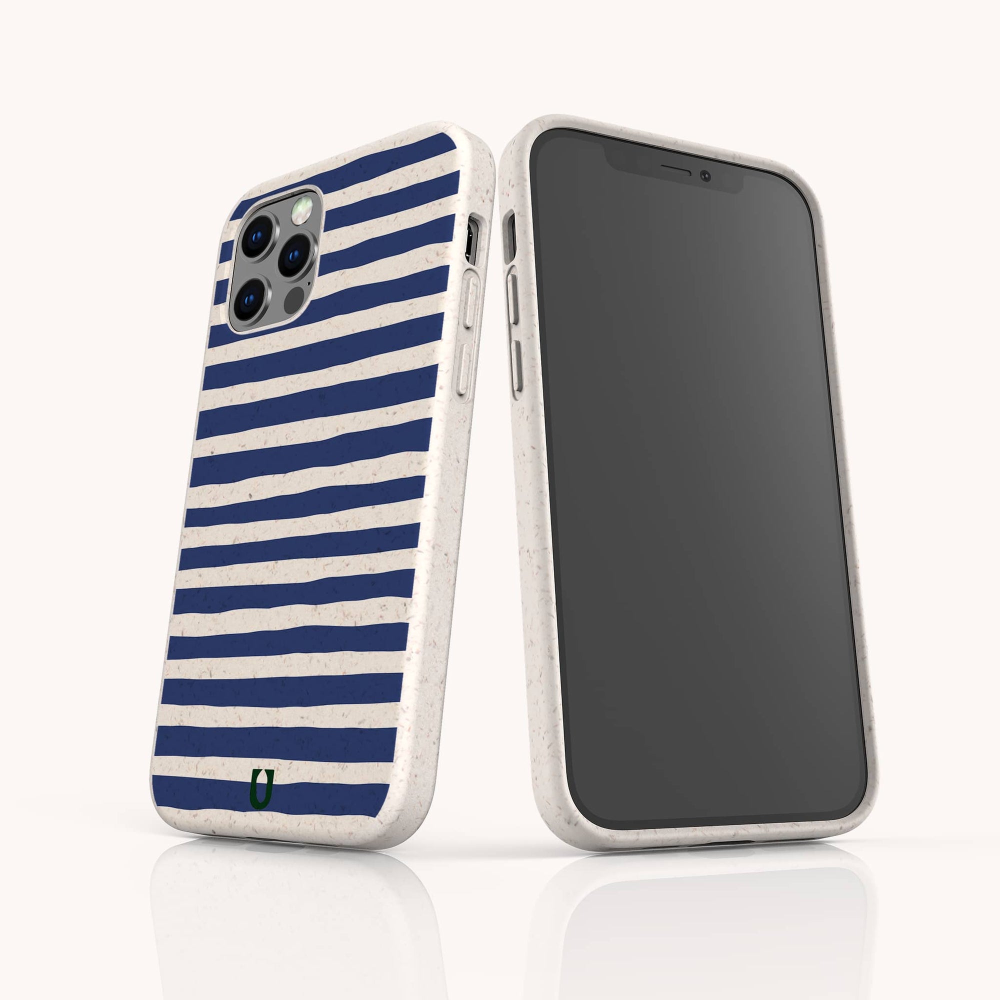 Navy Stripes compostable phone case on iPhone 14 highlighting navy stripe artwork and plant-based material.