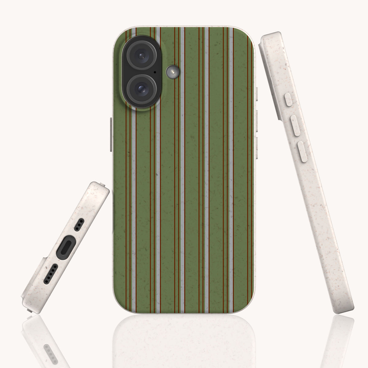 Olive Pinstripe Eco-Friendly Biodegradable Phone Case with a green pinstripe pattern on the back and speckled off-white sides showing the port and button cutouts.
