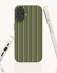 Olive Pinstripe Eco-Friendly Biodegradable Phone Case with a green pinstripe pattern on the back and speckled off-white sides showing the port and button cutouts.