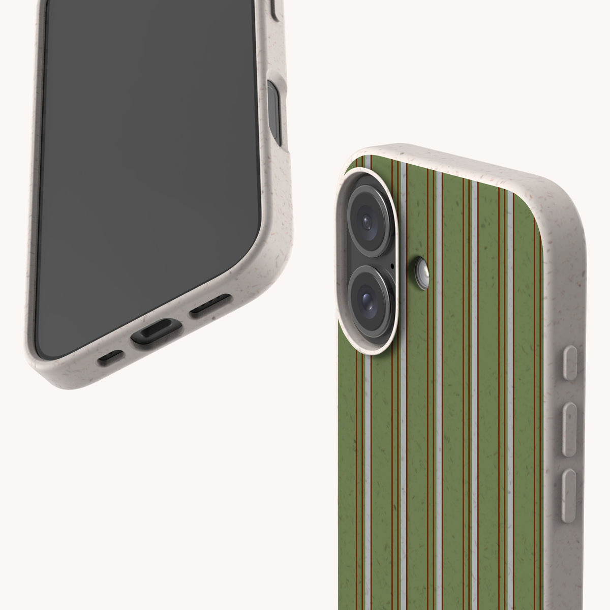 Front and back view of an Olive Pinstripe Eco-Friendly Biodegradable Phone Case with a green and white pinstripe pattern and a speckled, off-white frame.