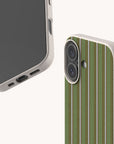 Front and back view of an Olive Pinstripe Eco-Friendly Biodegradable Phone Case with a green and white pinstripe pattern and a speckled, off-white frame.